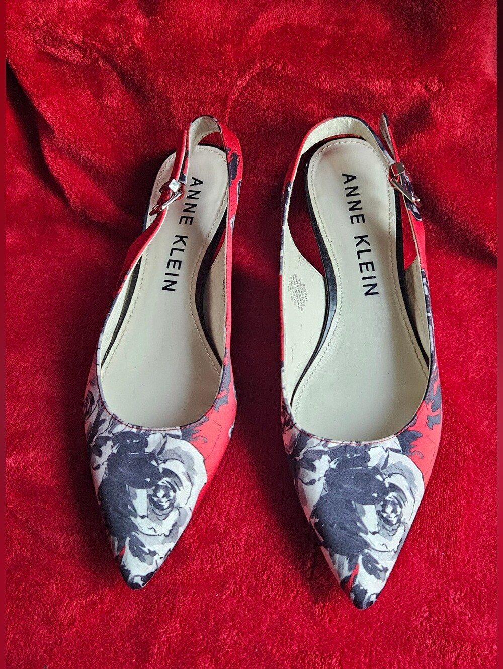 Anne Klein Expert Red Floral Pointed-Toe Kitten Heel Slingback Pumps - Size 10M